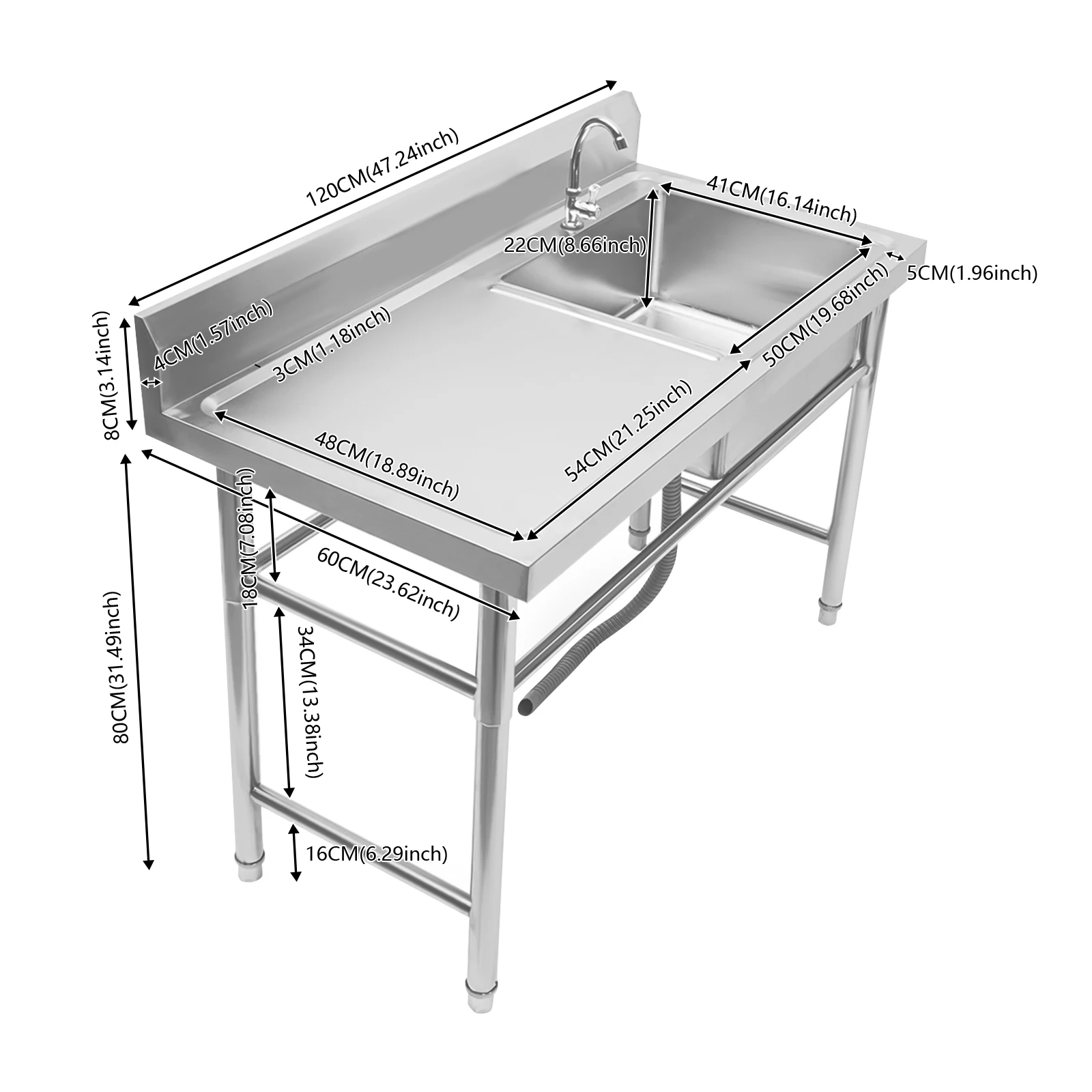 NEWEST 304 Stainless Steel Prep & Utility Sink w/Faucet, 1 Compartment Commercial Kitchen Outdoor Sink with Drainboard, Overall Size 120x60x80cm/47.2x23.6x34.5inch