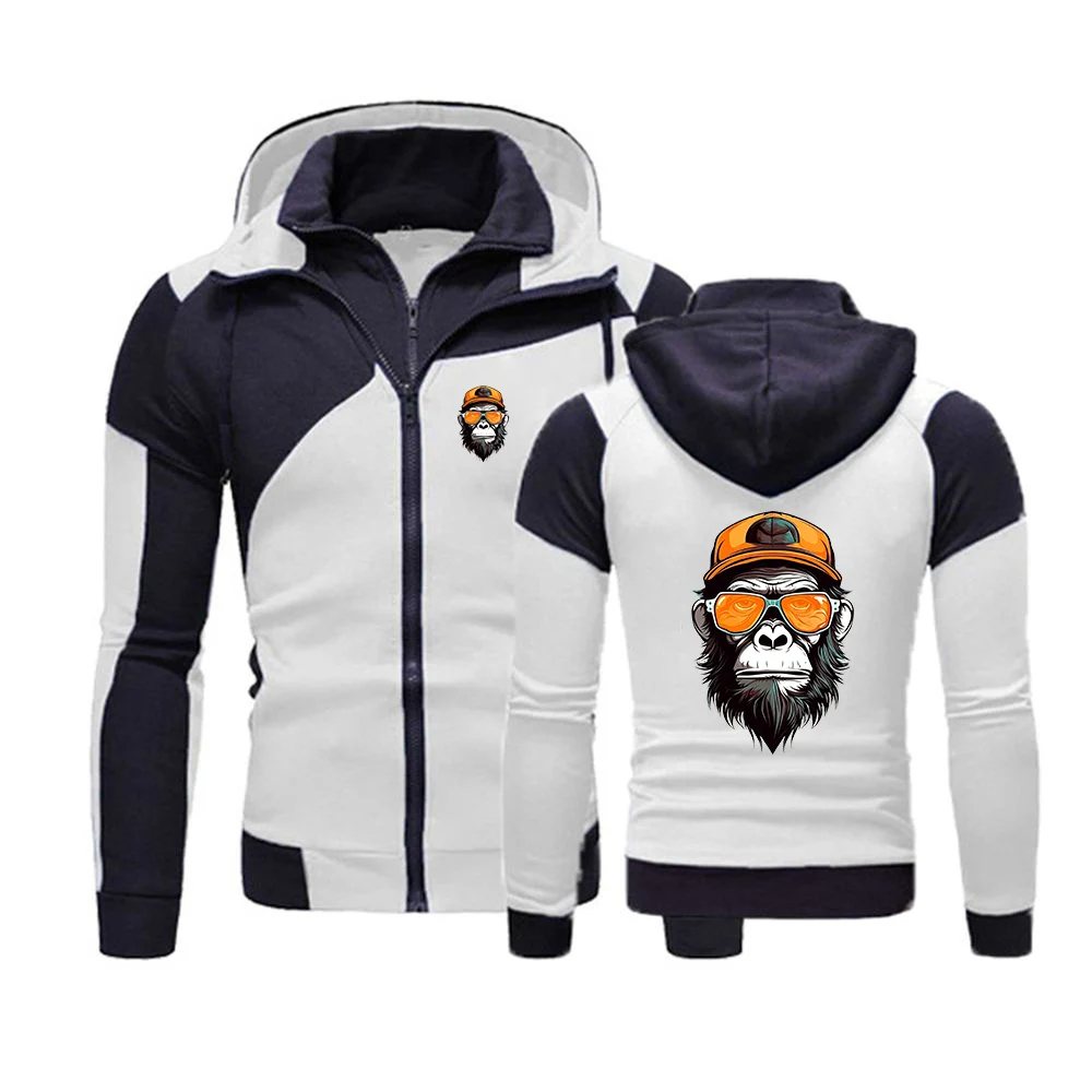 2026 Spring And Autumn Men's orangutan avatar pattern Logo Print Avant-garde Style Color Blocking Hooded Cardigan Hoodies Coat