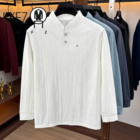 Business Casual Stand Collar Top For Males Long Sleeve Button Placket Soft Textured Fabric Travel Friendly Clothing