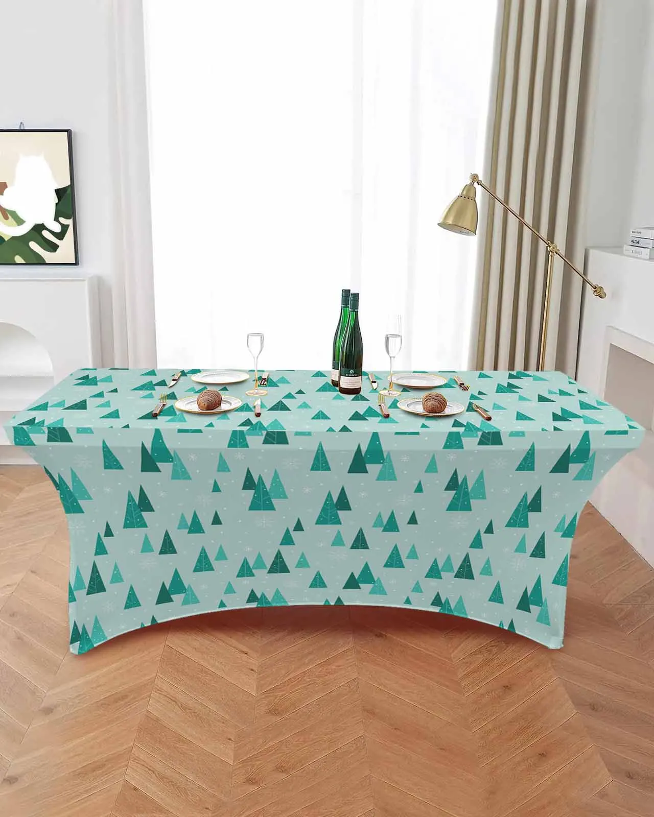 Christmas Tree Snowflakes Retro High Stretch Tablecloth Wedding Party Decor Elastic Print Table Cover Outdoor Table Cloth