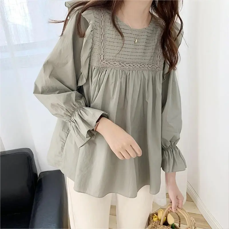 Spring New Pleated Loose Youth Blouse Long Sleeve Solid Color Patchwork White Korean Shirt Tops Vintage Fashion Women Clothing