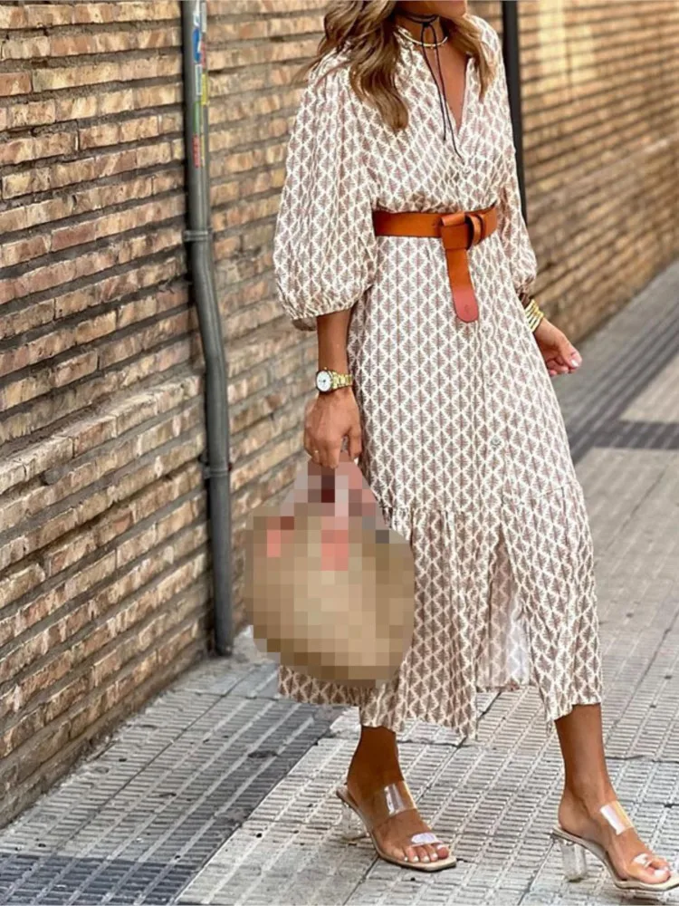 Women's New Autumn Winter Fashion Belt Print Sexy V-neck Slit Simple Temperament Bubble Sleeves Casual Mid Length Dress