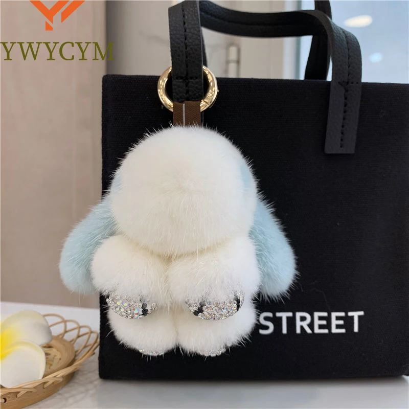 

Cute Long Ear Bunny Keychain Real Mink Fur Rabbit Doll Pendant Toys Keyring Handbag Charm Ornament Pompom Plush Jewelry Gifts