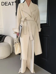 DEAT Fashion Women Double-sided Woolen Coat Big Lapel Belt Single Loose Button Arched Needle Warm Coats Winter 2024 New 7AB989