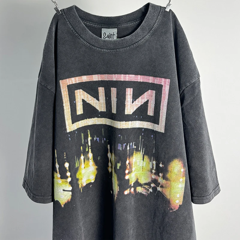 Klassieke Vintage Gewassen Zwart NIN Negen-inch Nagel T-shirts Mannen Vrouwen Beste Kwaliteit Katoen Oversized Tee Top Casual Saint T-shirt