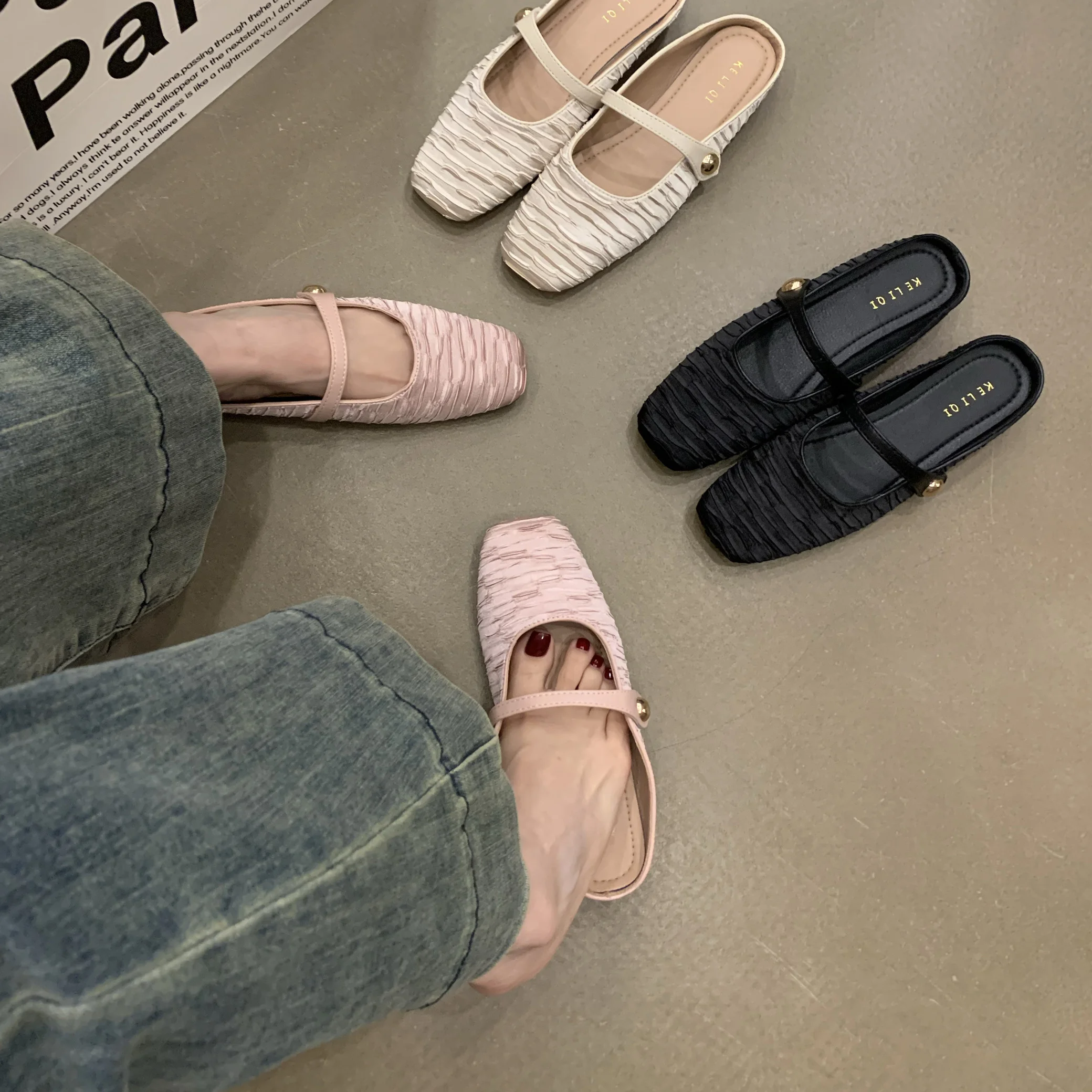 Женская обувь 2024, розовые шлепанцы, лоферы с закрытым носком, женские шлепанцы на плоской подошве, плиссированные розовые шлепанцы, лоферы на плоской подошве, женские мульти