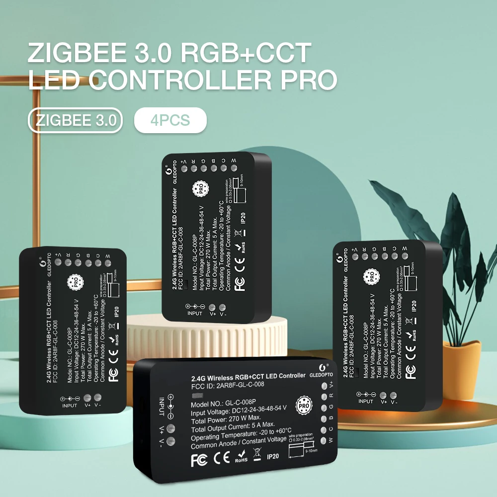 

4PCS Gledopto Zigbee 3.0 Smart DC12-54V Pro RGBCCT/RGBW LED Strip Controller Compatible With APP/Alexa Voice/RF Remote Control