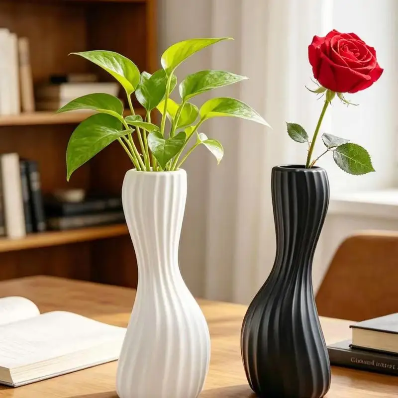 Hot Sale Nordic Style Vertical Ribbed Vase – Faux Ceramic Plastic Flower Vase For Fresh, Dried & Hydroponic Arrangements