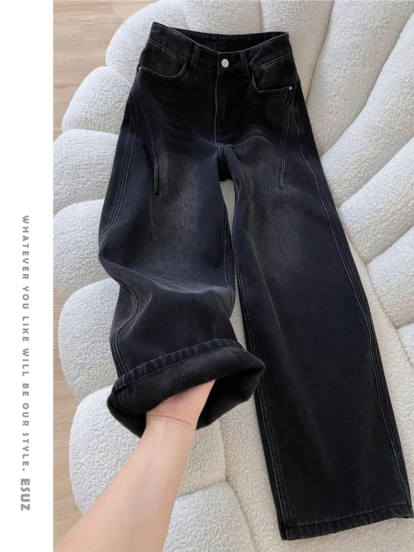 

Offcat High Waist Wide Leg Denim Jeans Women's Thickened Velvet Black Grey Autumn Winter New Style Slimming Loose Straight