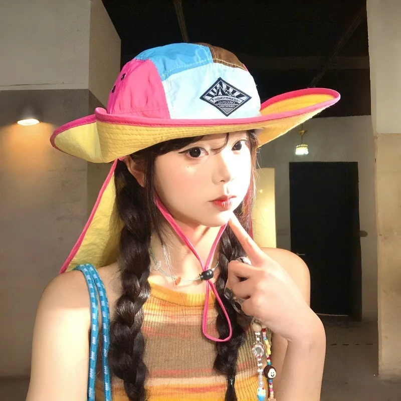 Korean Fashion Color Matching Drawstring Bucket Hats for Men and Women Summer Outdoor Leisure Sun Protection Neck Shawl Cap 2