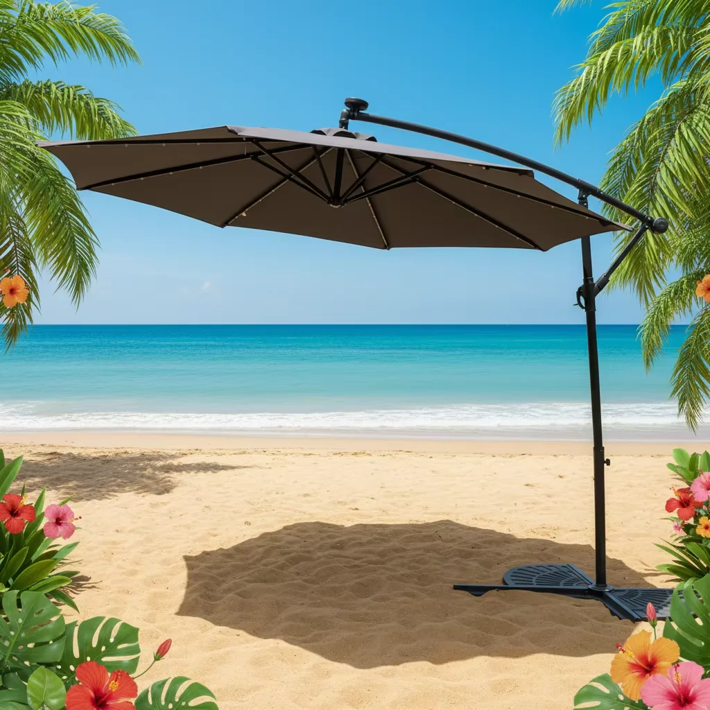 *Stand Alone Outdoor Large Offset Patio Table Deck Umbrella With Lighted Parasol
