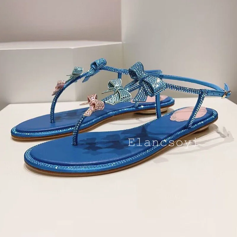 Freiliegende Zehen, glänzende Kristall-Schleifenknoten, flache Sandalen, Damen-Sandalen mit glitzernden Strasssteinen, Knöchelriemen, Sommer-Freizeit-Urlaubsschuhe