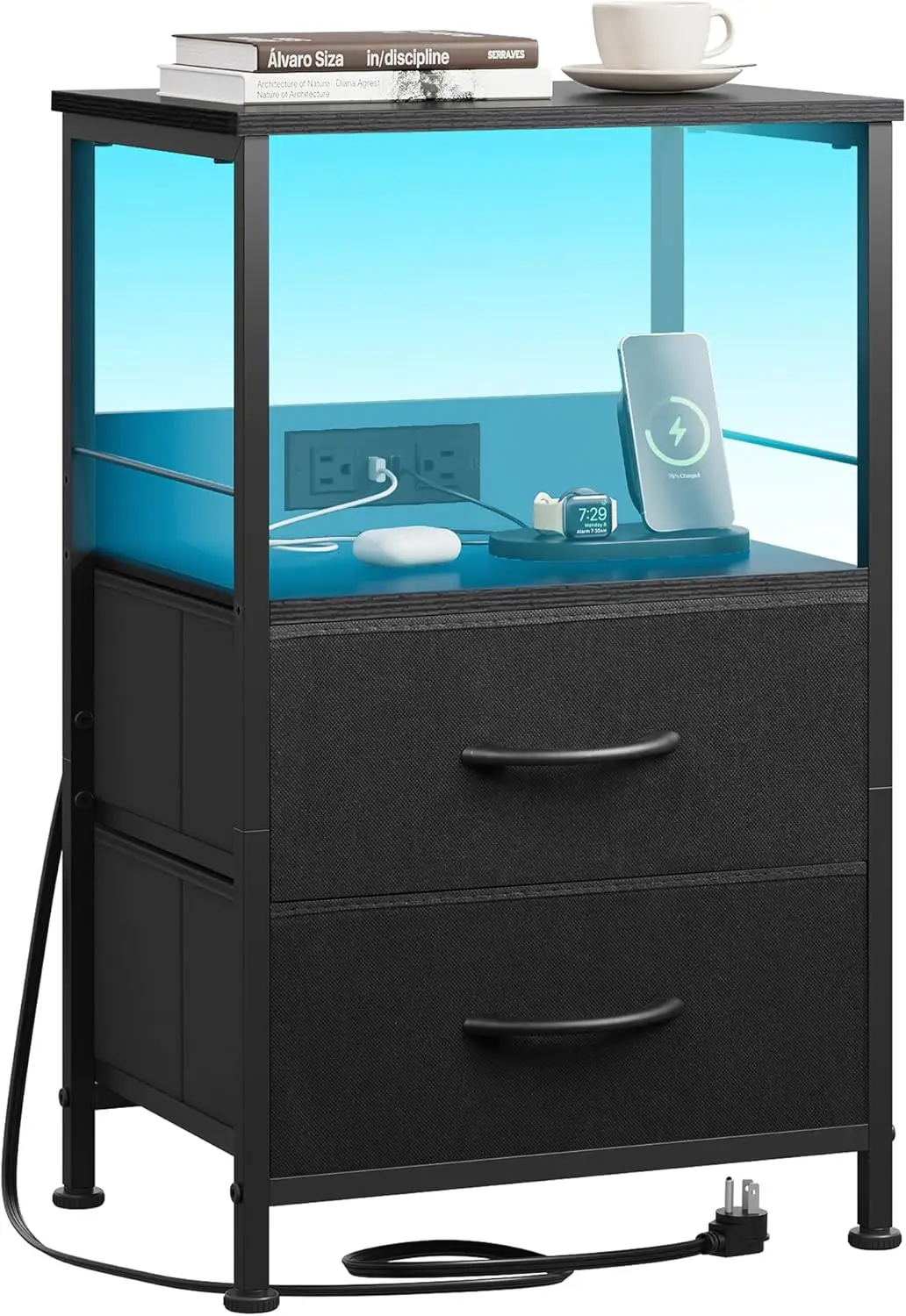 

LED Nightstand with Charging Station, Black Bedside Table with 2 Drawers and Shelf, USB Ports & Outlets, Small Dorm Dresser