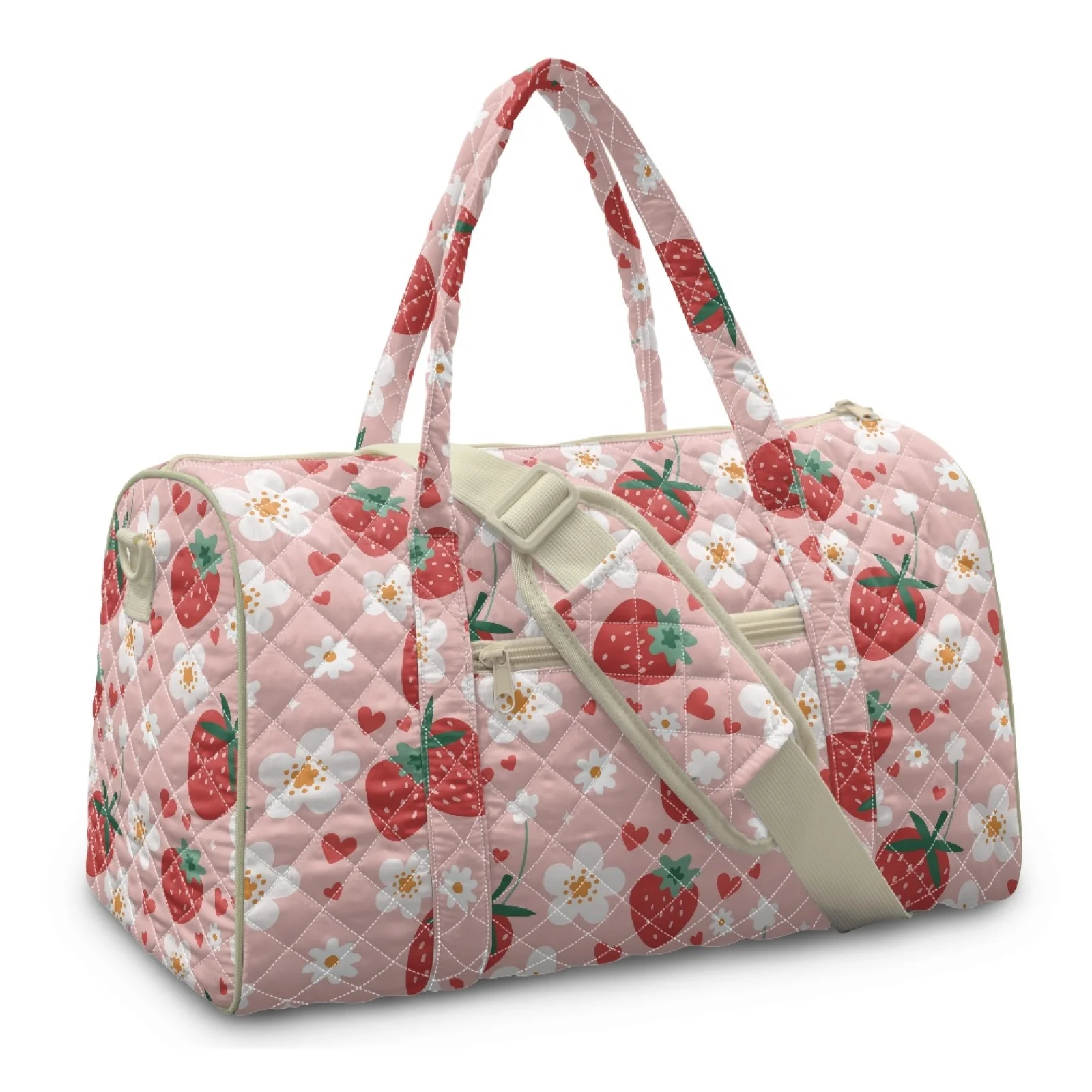 Coloranimal Strawberry and Floral New Trend Carry on Tote Bags Polyester Portable Quilted Tote Bag for Vacation