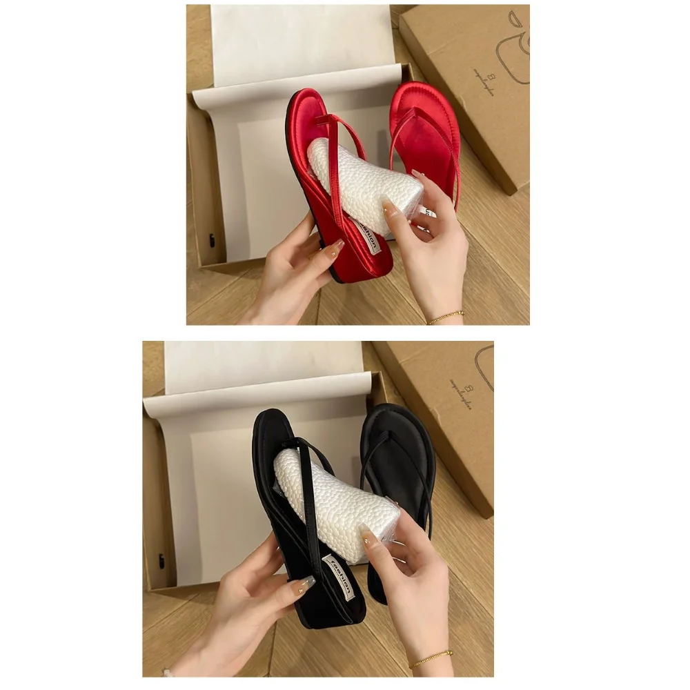 Damen Rote Wildleder Keilabsatz-Flip-Flops, Offene Zehenpartie Sommer-Slides, Bequemes Schuhwerk für Strandurlaub – Detail 13
