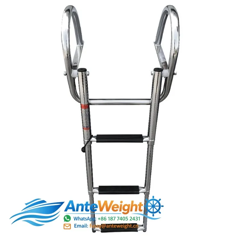 3/4 Step Pontoon Boat Ladder Mirror Polishing, Stainless Steel Telescoping Folding Ladder with Pedal and Safe Handrails