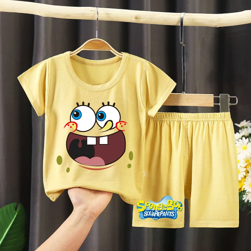 New Spongebob Pajamas for Children Kawaii Cartoon Printed Short Sleeve Sleepwear Kids Casual Loungewear Children\'s Clothing