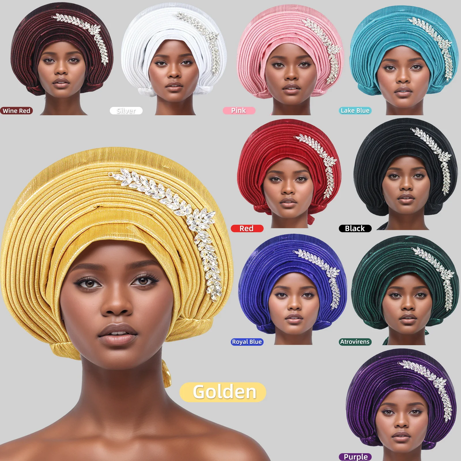 แอฟริกัน Autogele ผู้หญิง Turban หมวกไนจีเรียงานแต่งงาน Gele พร้อมสวมใส่ Headtie เพชร Party Headwear Head Ties Wrap หัว