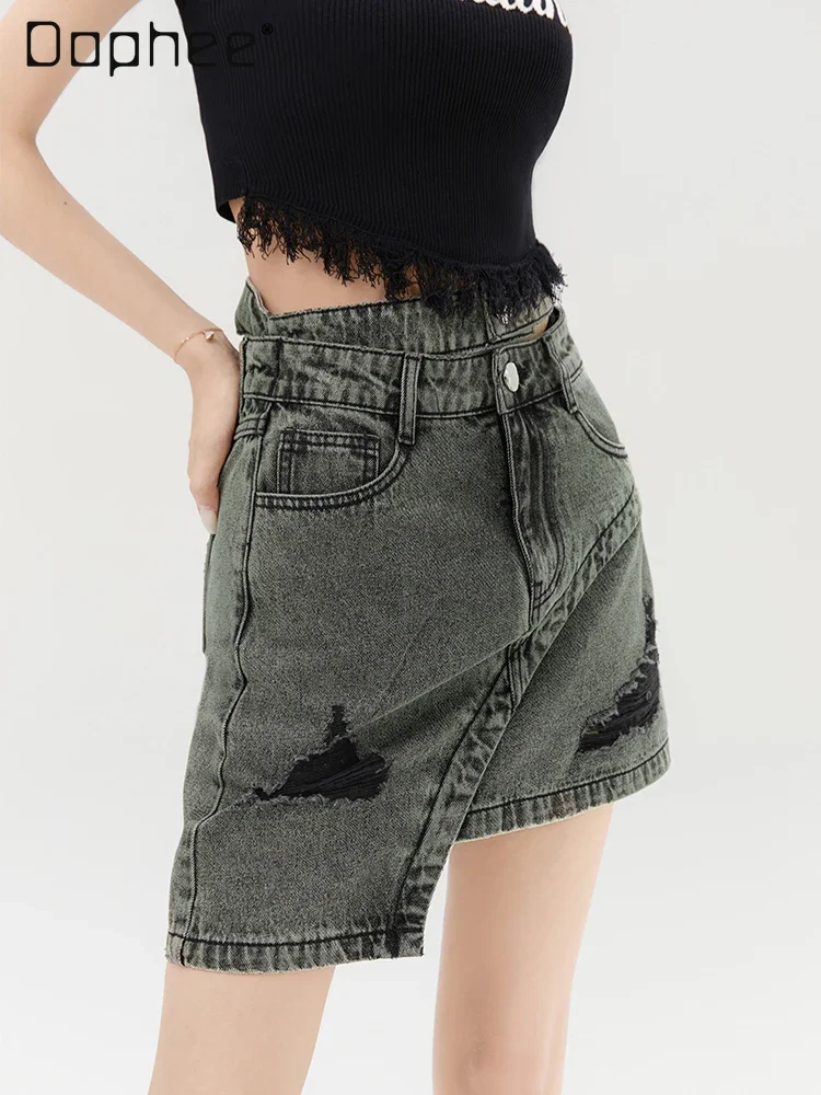 

Women Fashion Ripped Denim Skirt Irregular Double Waist Hollow Out A Line Wrap Hip Skirt Asymmetry Spicy Girl 2024 Summer Cloth