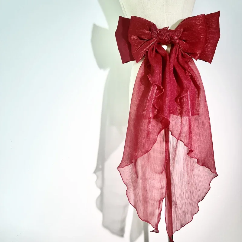 Trailing Bow Shiny Silk Double Layer Bowknot Detachable Decoration Lolita Dress Wedding Dresses Large Waist Accessories with Pin