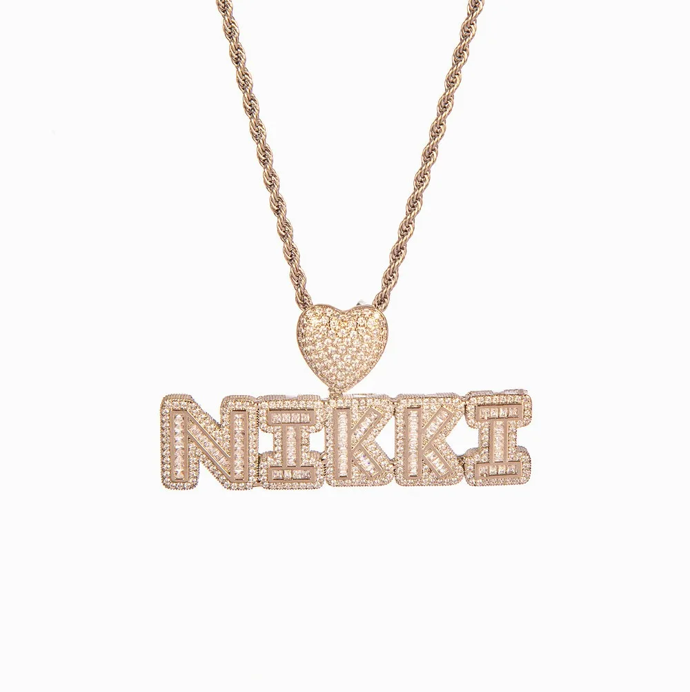 Personalized Zircon Iced Out Letters Necklace Customized Name Necklace with Heart Cuban Chain Necklace for Men Hip hop Jewelry