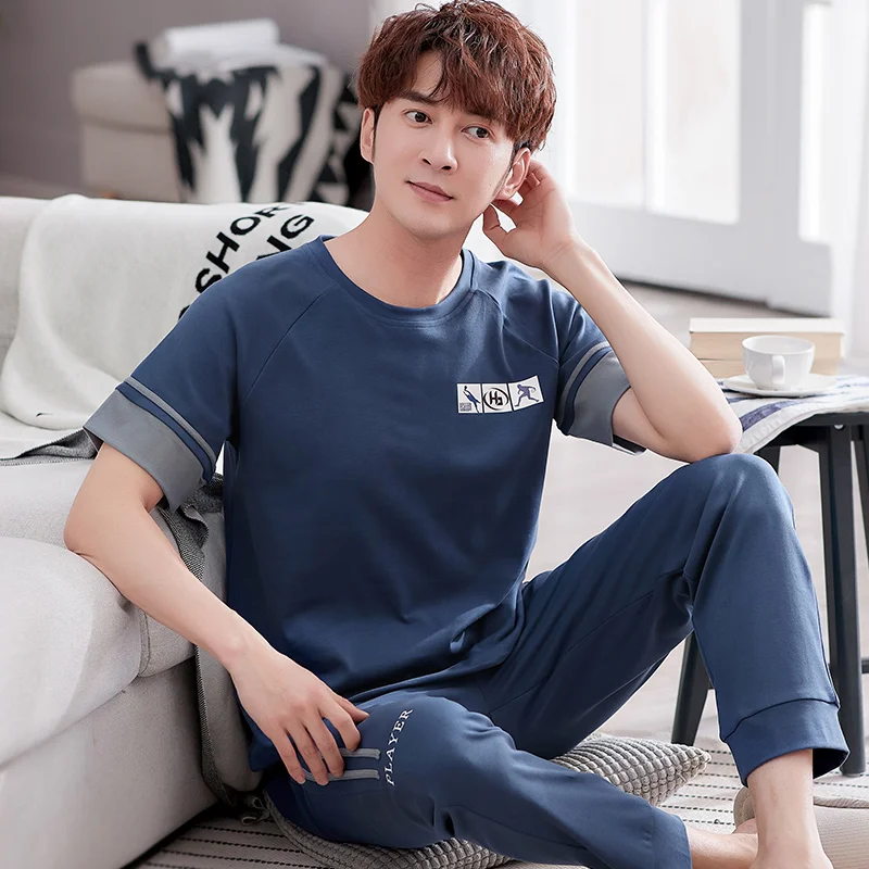 Pajama Sets Men Summer Short Sleeve Tops Long Pants Full Cotton Pajamas Home Suit Mens Sleepwear Loose Nightwear 2pcs/set