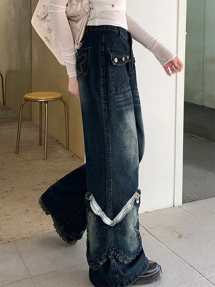 Woman Loose Jeans High Waist Denim Wide Leg Pants Tie-dyed Bell Knee Length Bottoms Classical Korean Streetwear Design Ins Y2K