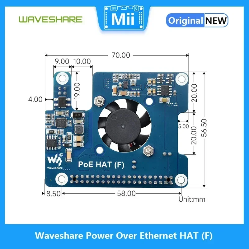 Waveshare Power over Ethernet TOPI untuk Raspberry Pi 5 dengan Kipas Pendingin Onboard dan Heatsink Logam Mendukung Jaringan 802.3af/at