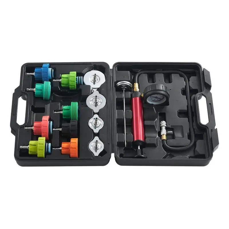 

14 pcs Universal Radiator Pressure Tester Kit, Coolant Pressure Tester Kit with Manual Pump and Color-coded Steel Test Cap Adapters, with Toolbox, For Cars Motorcycles Trucks Cooling System