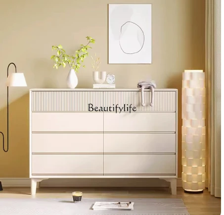 

Sili Style Chest of Drawers Cream Color Solid Wood Five Buckets Eight Spares Cabinet Storage Hallway Simple Decoration