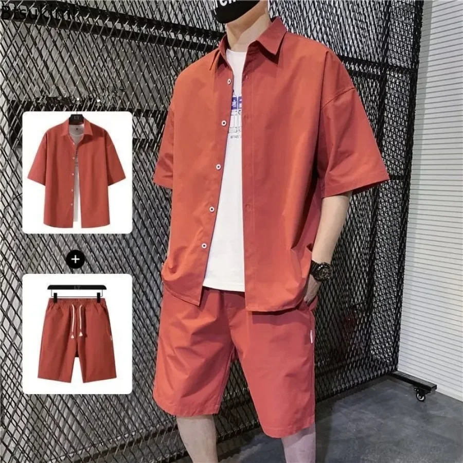 2025 Fashion Korean Style Men's Summer Casual Two Piece Sets High Street Trend Wear Handsome Short Sleeve Shirt+shorts Male Sets