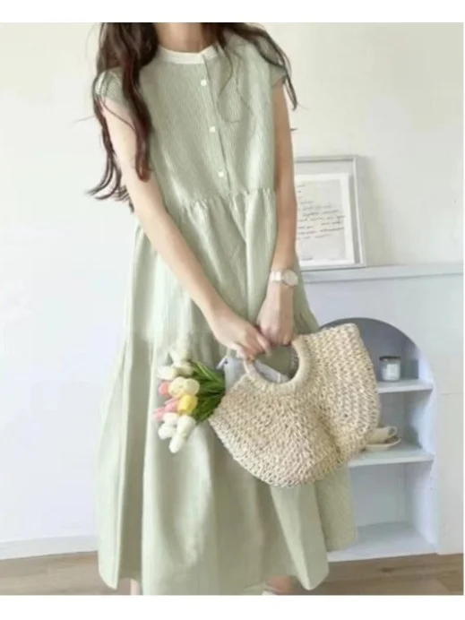 Loose Fit round Neck Sleeveless Dress Sweet Style Korean Japanese Series Summer Checkered Gown Ultra Soft Polyester Fiber