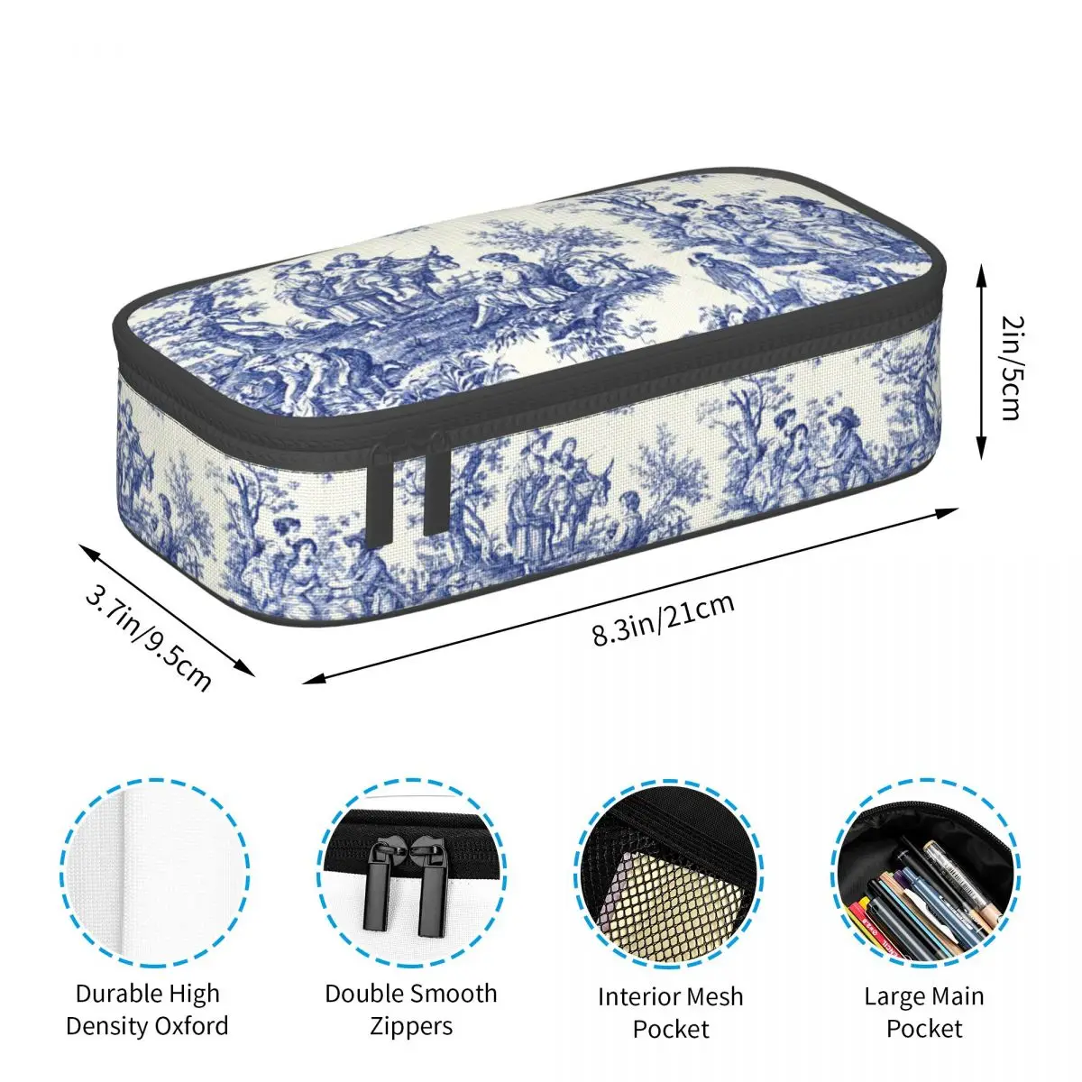 Customized Classic French Navy Blue Toile De Jouy Motif Pattern Kawaii Pencil Cases Traditional France Art Pencil Bag Stationery