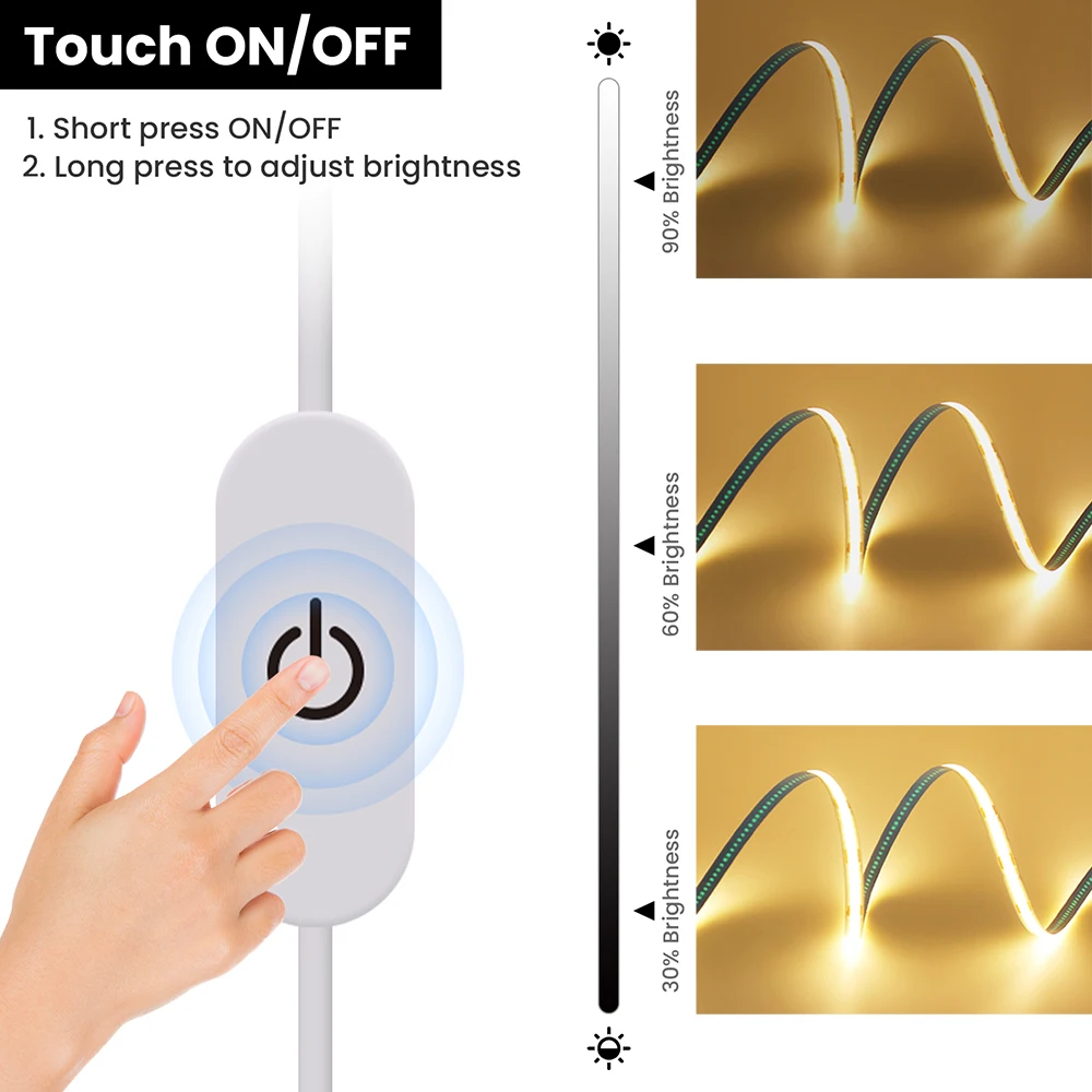 5V Dimmable COB Lights LED Strip Touch Dimmer USB Flexible Diode Tape Linear Indoor Lighting DIY Room TV Mirror Wall Backlights