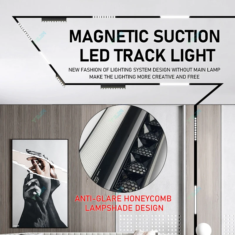 อัพเกรด Anti-Glare Magnetic TRACK Light 48V LED Grille โคมไฟน้ําท่วมโคมไฟเพดานรางรางสายไม่มีไฟหลักการออกแบบแสงสว่าง