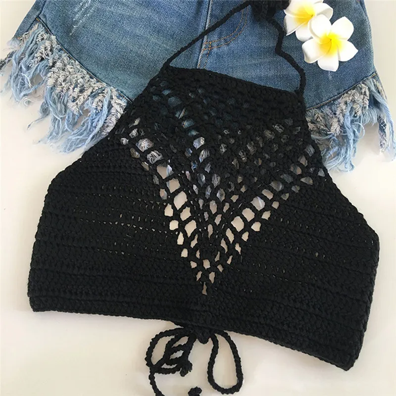 Women Crochet Lace Handmade Knit Bra Beach Bikini Halter Cami Tank Crop Tops Fit For Shower Room