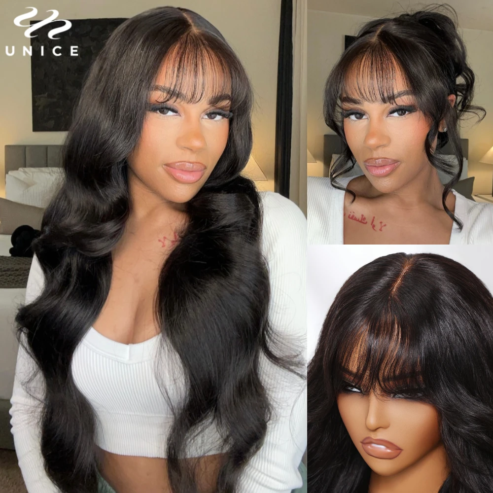 UNICE Hair Curtain Bangs Fluffy Loose Wave Wig 7x5 Lace Pre Cut Pre Bleached Glueless Wig Human Hair Ready To Wear 180% Density