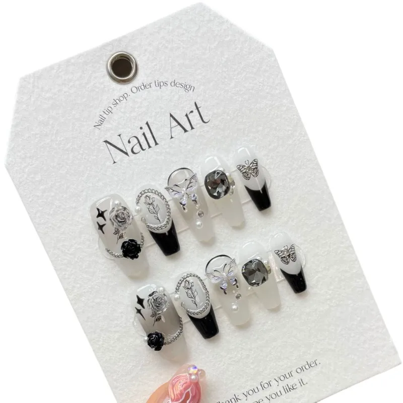 10szt Ręcznie robione diamentowe sztuczne paznokcie 3d Crystal Butterfly Black White French Long Fake Nails with Glue Stick-on Nails Set Nail Art