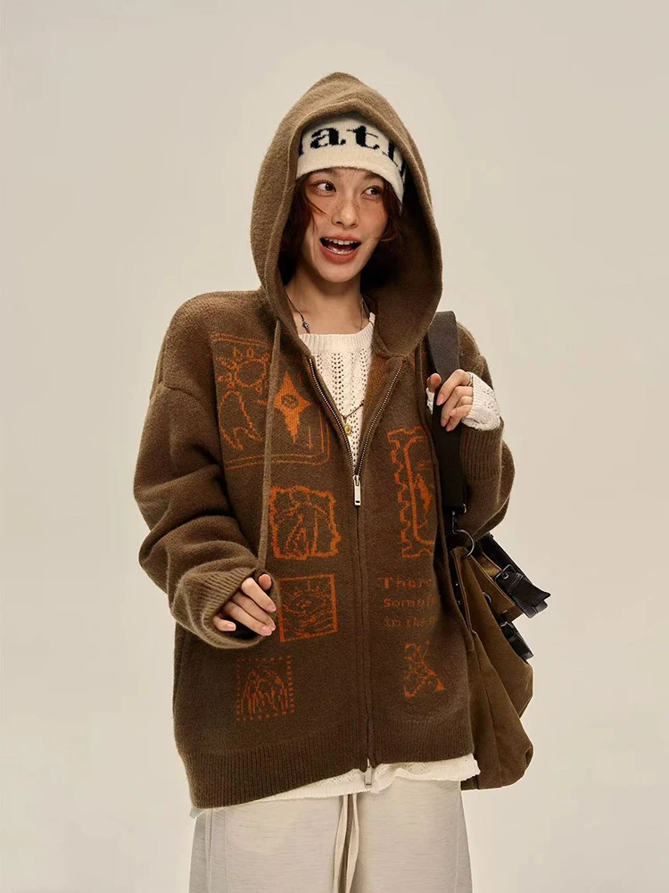 

Винтажный кофейный вязаный кардиган с капюшоном, женский весенний свободный повседневный свитер с длинными рукавами Bf, корейская уличная теплая куртка на молнии, новинка
