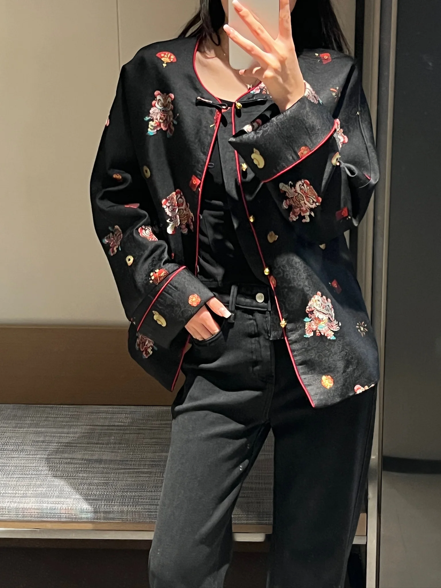 

Lao Song Jin Bla Lion Waking New Chinese Sle Jaet Women's Long Sve round Ne Coat Commute Straight Cut Autumn Winter