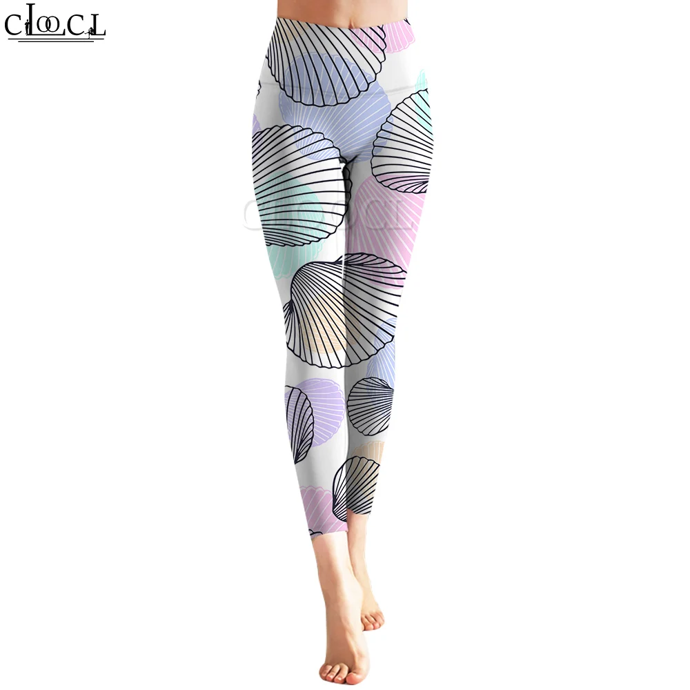 CLOOCL Legging Wanita Kasual Celana Panjang Jogging Push-Up Olahraga Legging Elastisitas Pinggang Tinggi Motif 3D Pola Kerang Warna-warni