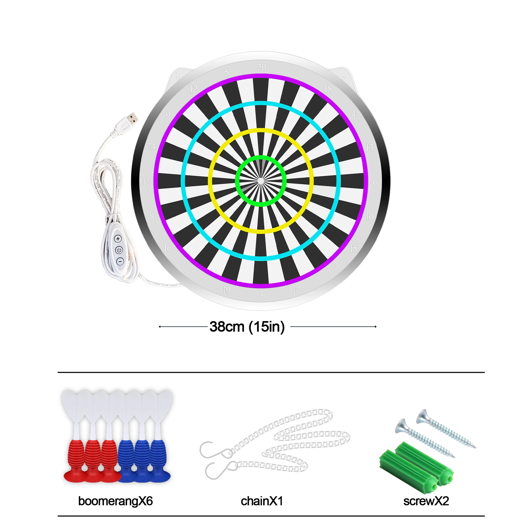 15 นิ้ว LED Illuminated อะคริลิค Dartboard รอบทิศทางพร้อมชุดซ่อมและ 6 Sucker Dart - Lighted Practice Dart Board