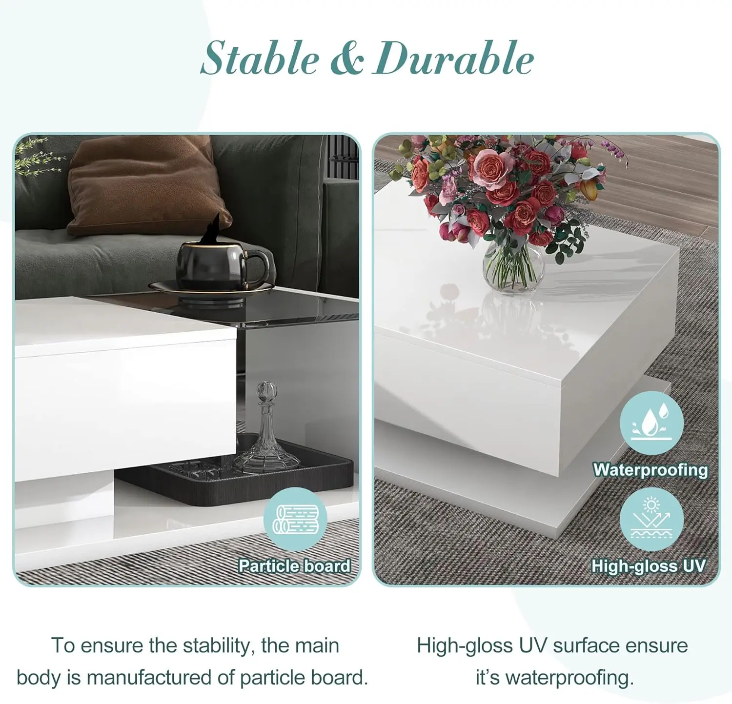 LUMISOL 2-Tier Rectangle Center Table withTempered Glass,High-Gloss UV Coffee Table,Wooden Cocktail Table for Living Room, White