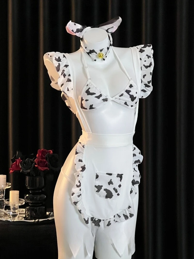 

Комплект униформы горничной в стиле сладкого и чистого желания, черно-белая корова, трехточечный, для искушения даты пар, соблазнительный и игривый