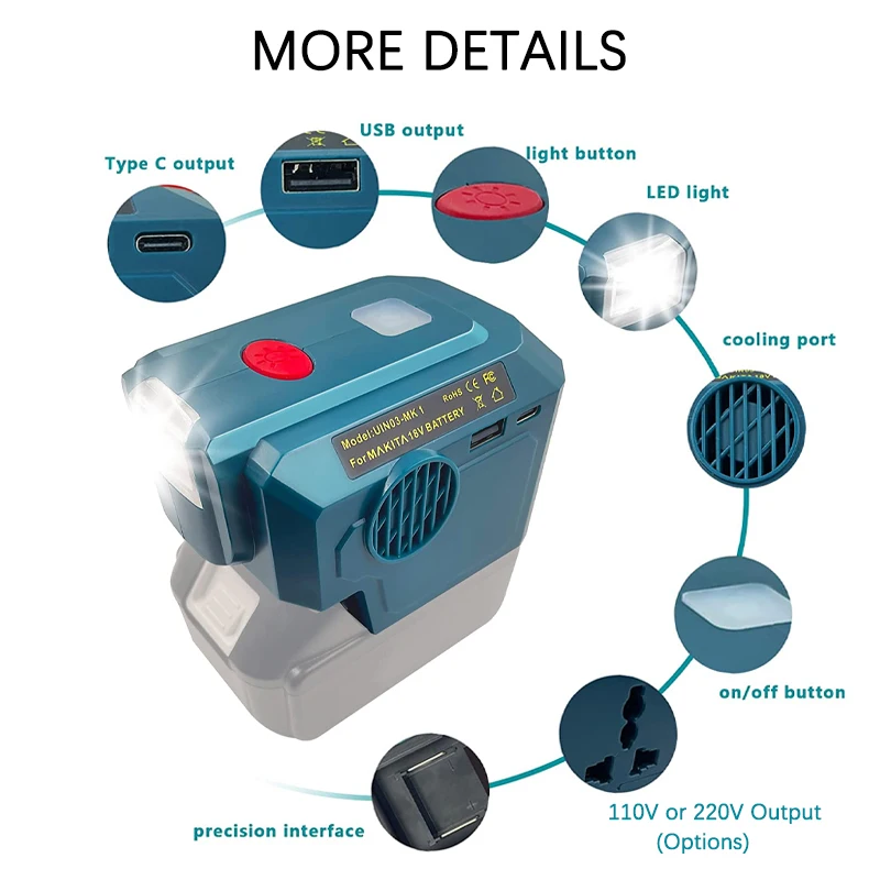 110/220V Battery Inverter Modified Sine Wave Inverter Generator for Makita/Dewalt/Milwaukee 18V Li-ion Battery with LED Light