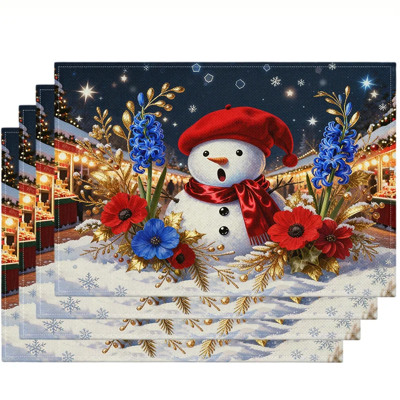 Charming Snowman In Red Beret With Blue And Red Flowers Christmas Market Background Linen Placemat Home Decorative