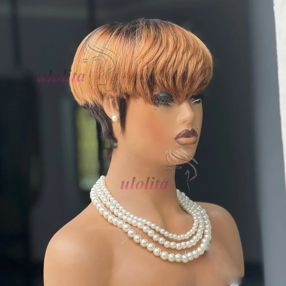 Short Straight Bob Wig Pixie Cut Wig Human Hair For Black Women With Bangs Brazilian Virgin Hair Non Lace front Cheap Wig Black image 2