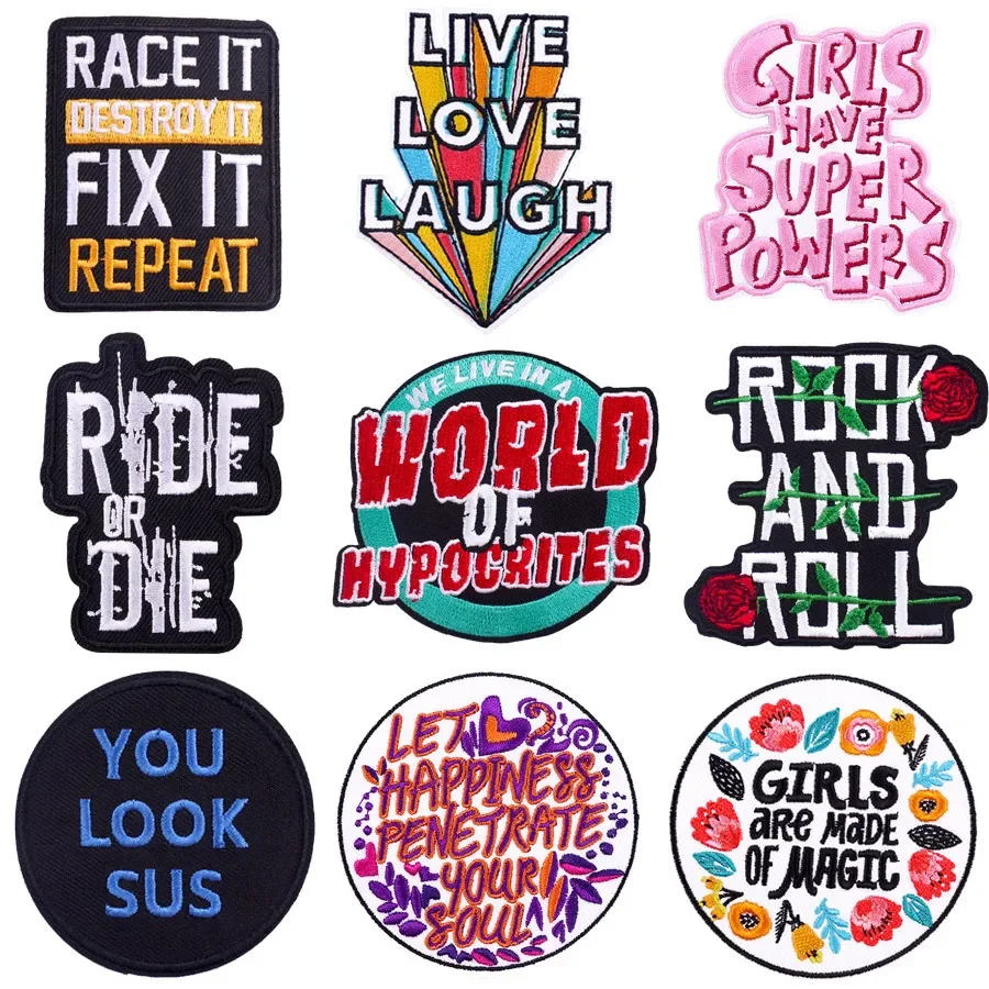 Hippie Rock Embroidery Patches English Saying DIY Iron on Patches Clothes Fusible Badge Bag Hat Ironing Personalized Accessories