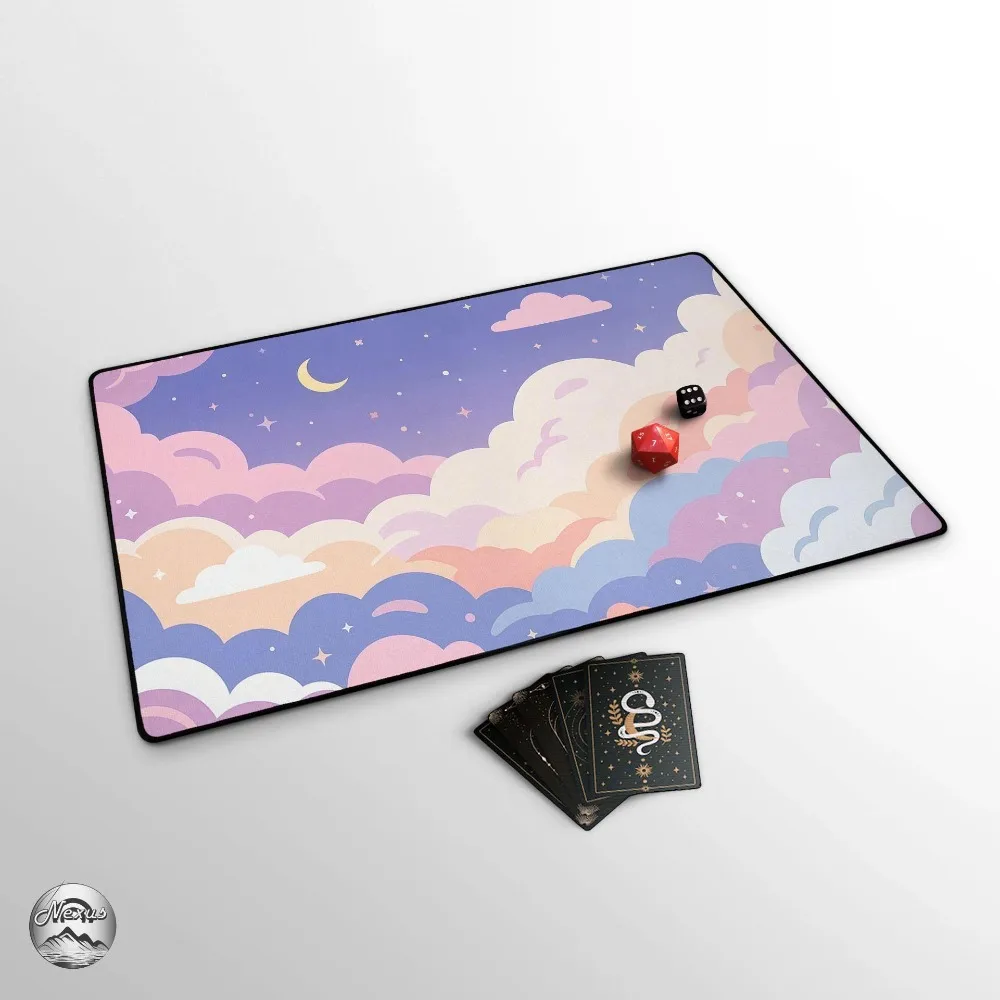 Cute Clouds TCG Playmat, EDH Game Mat, Kawaii Pastel Sky & Moon, Large Play Mat With Premium Stitched Edges, Optional Zones