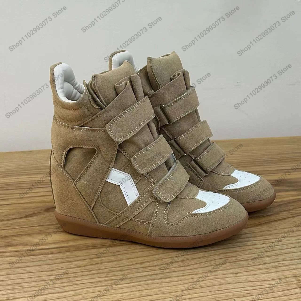 Fashion Women's Hidden Wedge Sneakers High Top Platform Shoes Hook and Loop Suede Patchwork Height Increasing Walking Casual Footwear image 3